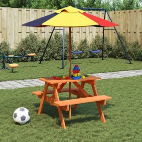 vidaXL Mesa de piquenique para 4 crianças com guarda-sol abeto maciço