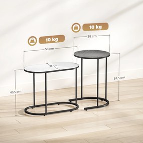 Conjunto de 2 mesas baixas encaixáveis, mesas auxiliares empilháveis de estilo contemporâneo, estrutura em metal cinzento e branco