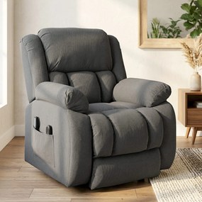 Poltrona elevatória elétrica com massagem e aquecimento, apoio para os pés, encosto reclinável, comando à distância e bolso lateral cinzenta