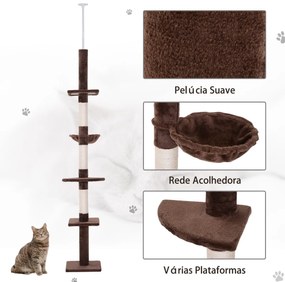 Árvore Arranhadora para Gatos Arranhador para Fixar ao Teto Altura Ajustável com Plataformas Poste de Sisal 40x34x230-260cm Marrom