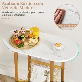 Mesa apoio, mesa de cabeçeira Estreita 60 x 28,5 x 64 cm com Tampo de Imitação Mármore  e Suporte para Revistas Estrutura Metálica Dourada e Branco