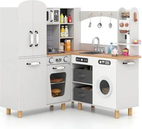Cozinha de brincar de canto 96 × 91 × 105 cm em madeira com frigorífico de porta dupla, cafeteira, máquina de lavar roupa, 12 acessórios, luzes e sons