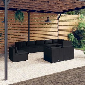 vidaXL 9 pcs conjunto lounge de jardim c/ almofadões vime PE preto