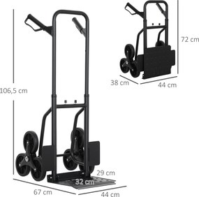 Carro de mão dobrável para escadas, 120 kg, 6 rodas; carro de mão para mudanças em aço com cordas telescópicas, 44 x 67 x 106,5 cm, preto