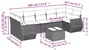 8 pcs conj. sofás jardim c/ almofadões vime PE cinzento-claro