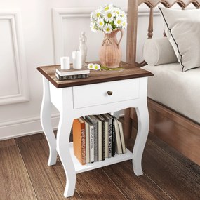 Conjunto de 2 Mesas de Cabeceira com Gaveta Estante Aberto e Bancada Efeito Carvalho Estilo Francês 45x35x55 cm Branco e Carvalho