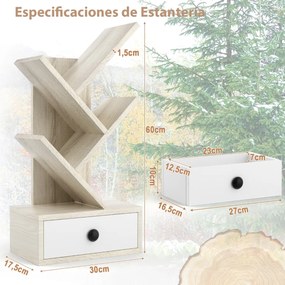 Estante forma de árvore de 5 camadas com gaveta utilitária e suporte para armazenamento de livros pequenos 30 x 17,5 x 60 cm Bege