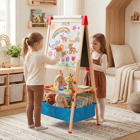 Cavalete infantil ajustável dobrável 56 x 53 x 120-145 cm dupla face com quadro branco magnético, rolo de papel, 4 copos, bandejas Natural + Vermelho