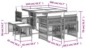 9 pcs conjunto jantar p/ jardim c/ almofadões vime PE castanho