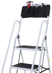 HOMCOM Escada Dobrável com 4 Degraus Escada de Metal com Apoio para os Braços e Suporte para Ferramentas Carga Máxima 150 kg 50x83x155 cm Branco e Preto