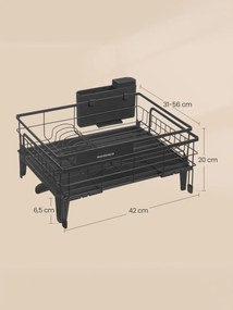 Escorredor de pratos com bandeja extensível (31-56) x 42 x 20 cm, giratório em 360° preto