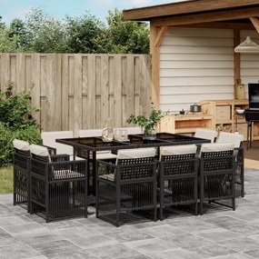 vidaXL 11 pcs conjunto de jantar p/ jardim c/ almofadões vime PE preto