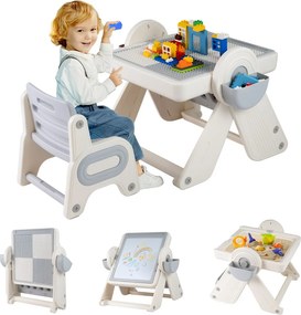 Conjunto de mesa e cadeira para crianças 6 em 1 Multi-atividade Cavalete dobrável para crianças com superfície reversível e ranhura Cinzento