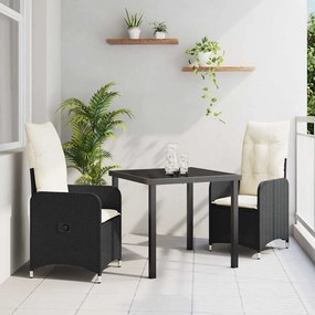 vidaXL Conjunto de Jantar de Jardim 3 Peças com Almofadas Pretas de Rattan Poliéster