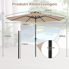 Guarda-sol com diâmetro de 303 cm, guarda-sol inclinável para exteriores, cor castanho