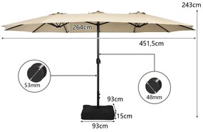 Guarda-sol duplo de 451,5 cm com base Sistema de manivela Estrutura metálica com 12 varas Ventilação para jardim Bege