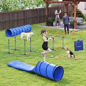 Conjunto de agilidade para cães com 11 peças, percurso de obstáculos com 2 túneis, saltos ajustáveis, laranja e azul