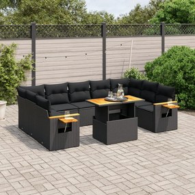 10 pcs conjunto sofás de jardim c/ almofadões vime PE preto