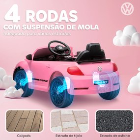 Carro Elétrico para Crianças Carro Elétrico Infantil Volkswagen Beetle com Bateria 12V Faróis Buzina e Música 97x56,5x46 cm Rosa