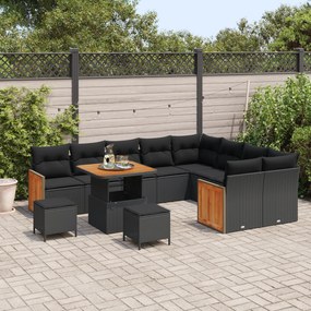 Conjunto de Sofá de Jardim de 12 peças com Almofadas Preto Rattan PE A