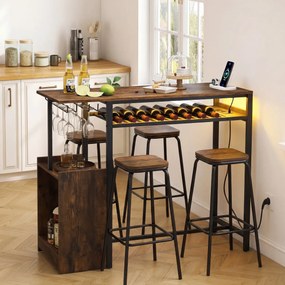 Mesa alta com estação de carregamento (BANCOS NÃO INCLUIDOS), suporte para garrafas e copos, prateleira de 2 níveis e iluminação ajustável Castanho rú