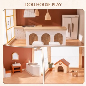 Casa de bonecas de madeira 62,7 x 66 x 29,7 cm com 37 peças de mobiliário Bohemian