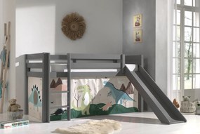 Cama alta de Criança PINO 90 x 200 cm + estrado + escada + escorrega + cortina Dinossauros Cinzenta