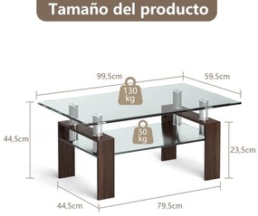 Mesa de centro retangular 99,5 x 59,5 x 44,5 cm com tampo de vidro, pernas metálicas e prateleira Castanho