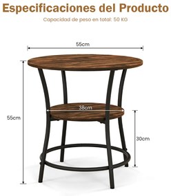 Mesa Lateral Redonda de 2 Camadas com Prateleira de Armazenamento Mesa Lateral com Armação de Metal para Sofá Quarto Sala de Estar castanha