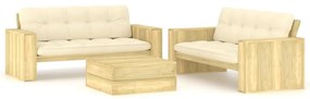 vidaXL 3 pcs conjunto lounge de jardim com almofadões pinho impregnado