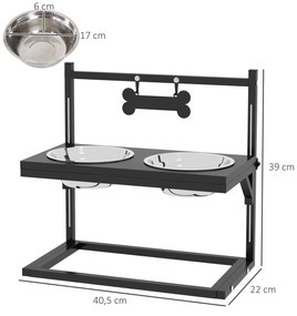 Comedouro Elevado para Cães com 2 Tigelas Altura Ajustável e 1 Peça de Metal com Formato de Osso 40,5x22x39 cm Preto