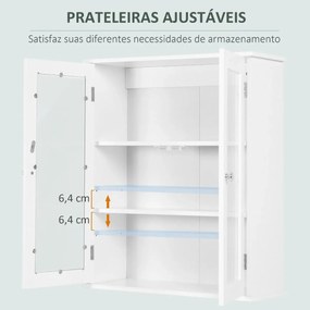 Armário Casa de Banho de Parede com 2 Portas de Cristal Armário Suspenso com Prateleiras Ajustáveis em Altura Multiuso para Cozinhas Sala de Estar 55x