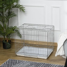 Gaiola Dobrável para Cães Gaiola Metálica 61x43x50cm Gaiola de Metal para Cães com Bandeja Amovível com Travão Prata e Branco