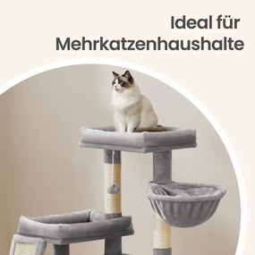 Arranhador para gatos com caverna 92,5 x 58,9 x 85,8 cm, árvore para gatos com rampa e cesto, 2 plataformas grandes cinzento claro