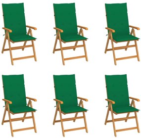 Cadeiras de jardim c/ almofadões verdes 6 pcs teca maciça