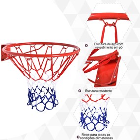 Cesto de Basquetebol de Parede Ø46 cm Aro de Basquetebol com Rede Estrutura Metálica 12 Ganchos para Interior e Exterior Vermelho