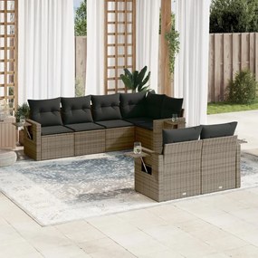 7 pcs conjunto sofás p/ jardim c/ almofadões vime PE cinzento