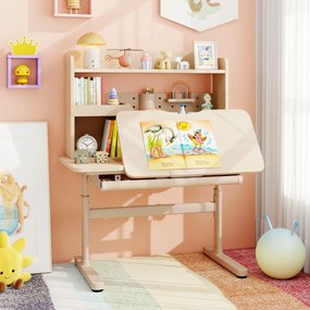 Secretária infantil 100 x 60 x 111-135 cm com estante e gaveta em altura com superfície inclinável Prateleiras Atril e porta-lápis Natural