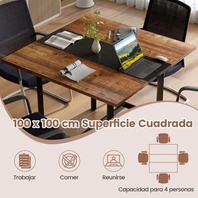 Mesa de reuniões quadrada 100 x 100 x 75 cm com tampo espesso para sala de reuniões para 4 pessoas, castanho rústico e preto