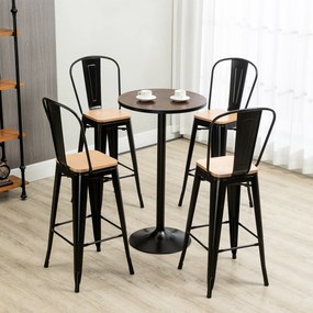 Conjunto de 4 bancos de bar com encosto e apoio para os pés, altura do assento 76 cm, metal preto, em imitação de madeira clara