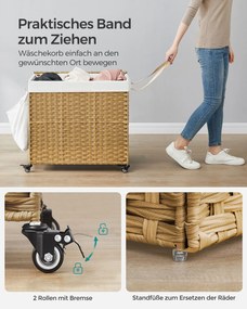 Cesto para roupa suja dobrável com 3 compartimentos e bolso lateral 70 x 36 x 66 cm Cor natural