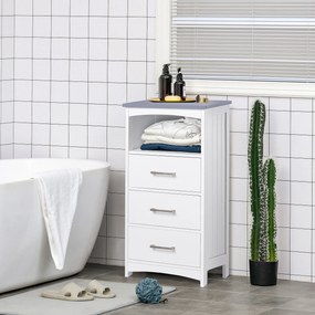Móvel de casa de banho com pés 40 x 33 x 80 cm, móvel de arrumação com 3 gavetas e 1 compartimento aberto, branco