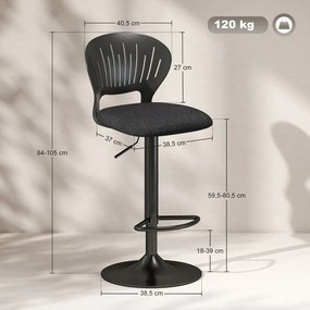 Conjunto de 2 Bancos Altos de Cozinha Giratórios a 360° Reguláveis em Altura de 84-105 cm 40,5x43x84-105 cm Preto