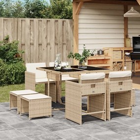 vidaXL 9 pcs conjunto de jantar p/ jardim com almofadões vime PE bege