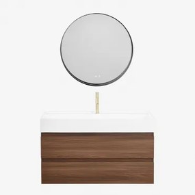 Conjunto De Móvel De Casa De Banho Suspenso Em Madeira E Folha De Freixo Com Lavatório Integrado Ona Madeira Escura & Redondo Led - Sklum