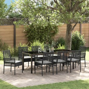 vidaXL Conjunto de Jantar para Jardim de 9 Peças com Almofadas Preto Rattan Poliéster