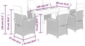 7 pcs conjunto de jantar p/ jardim c/ almofadões vime PE cinza