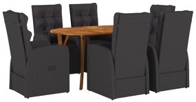 vidaXL Conjunto de Jantar de 7 Peças com Almofadas Preto Rattan Poliéster Acácia