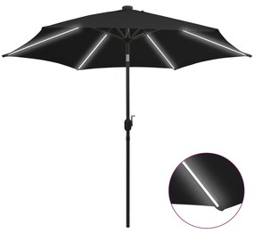 Guarda-sol de jardim c/ luzes LED/poste alumínio 300 cm preto