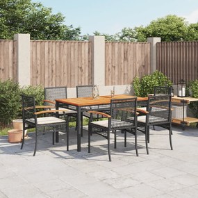vidaXL 7 pcs conjunto de jantar p/ jardim c/ almofadões vime PE preto